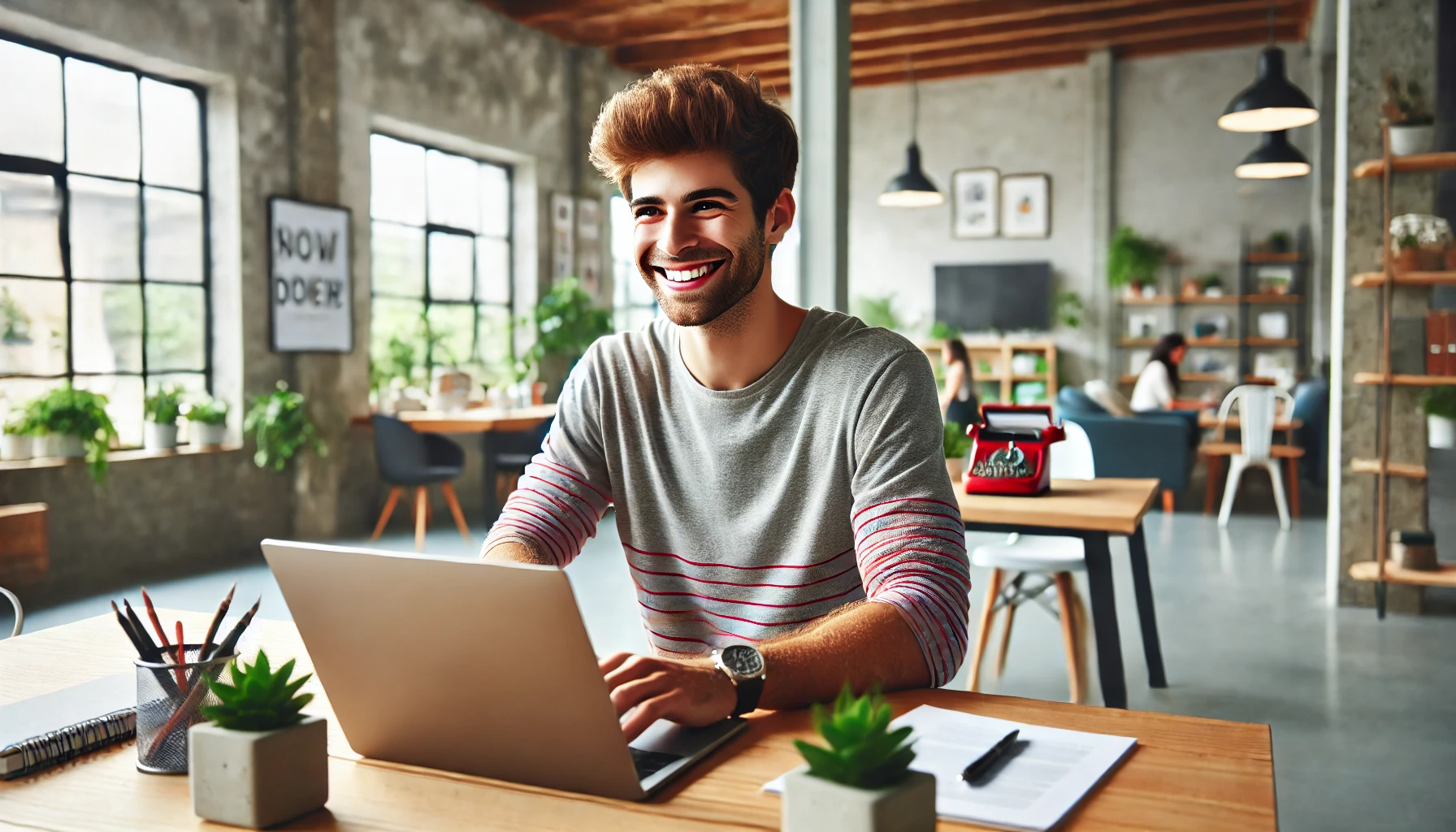 A happy man working on an affordable website design package for small businesses on his laptop.